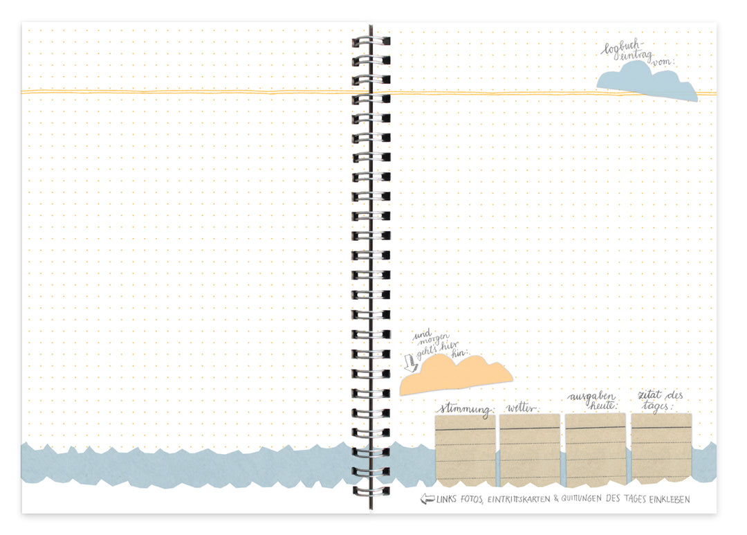 A5 Reisetagebuch zum selberschreiben & gestalten, Logbuch einer Reise, Vintage Design, Weiß Beige Blau