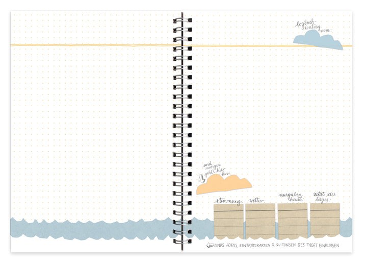 A5 Reisetagebuch zum selberschreiben & gestalten, Logbuch einer Reise, Vintage Design, Weiß Beige Blau