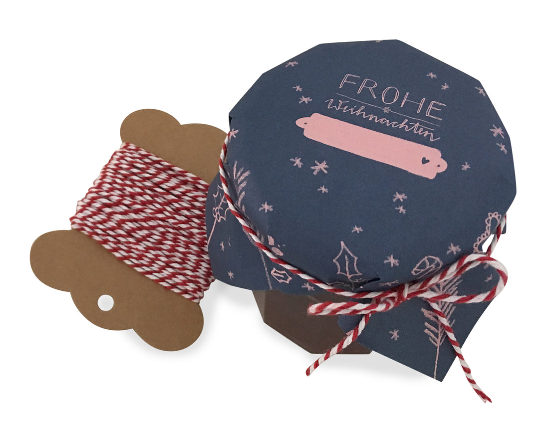 25 Marmeladendeckchen - Frohe Weihnachten! | Abreißblock, Blau Rosa | Recyclingpapier Gläserdeckchen für Marmelade + 10 m Bakers Twine & Justiergummi