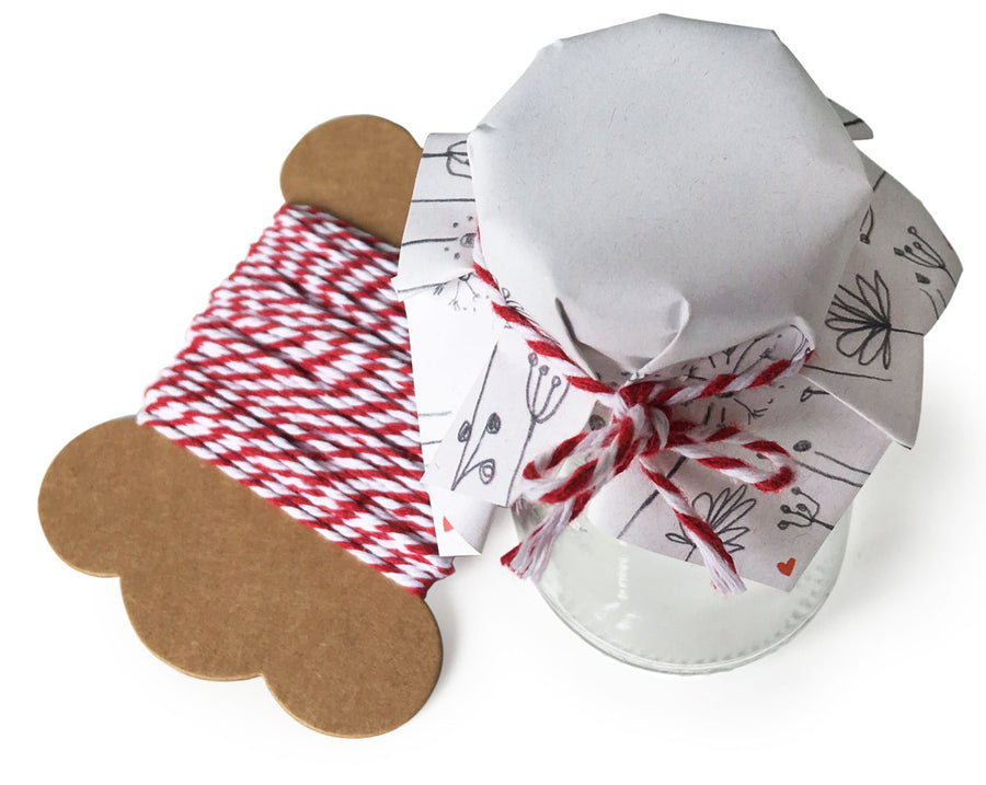 25 MINI Marmeladendeckchen Weiß mit Blumen | florale Gläserdeckchen für Marmelade & kleine Einmachgläser | Recyclingpapier Abreißblock + 10 m Garn