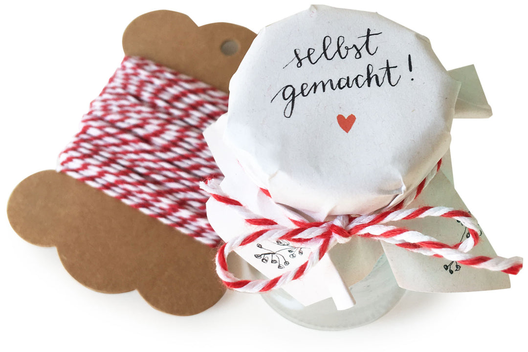 25 MINI Marmeladendeckchen - selbst gemacht! | Gläserdeckchen Weiß für Marmelade & kleine Einmachgläser | Recyclingpapier Abreißblock + 10 m Garn