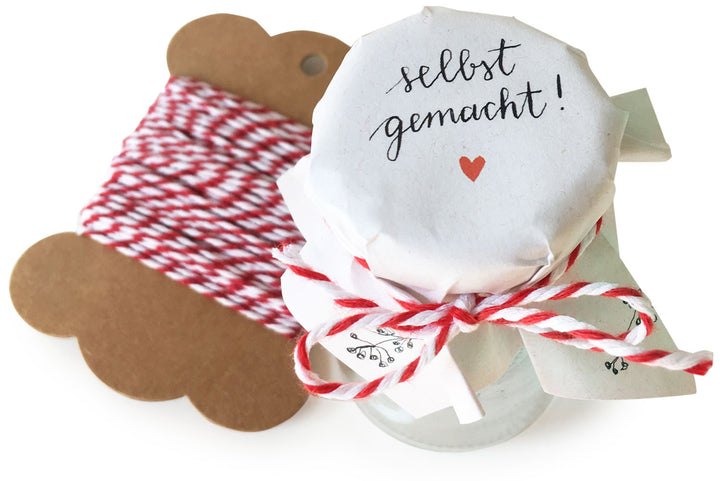 25 MINI Marmeladendeckchen - selbst gemacht! | Gläserdeckchen Weiß für Marmelade & kleine Einmachgläser | Recyclingpapier Abreißblock + 10 m Garn