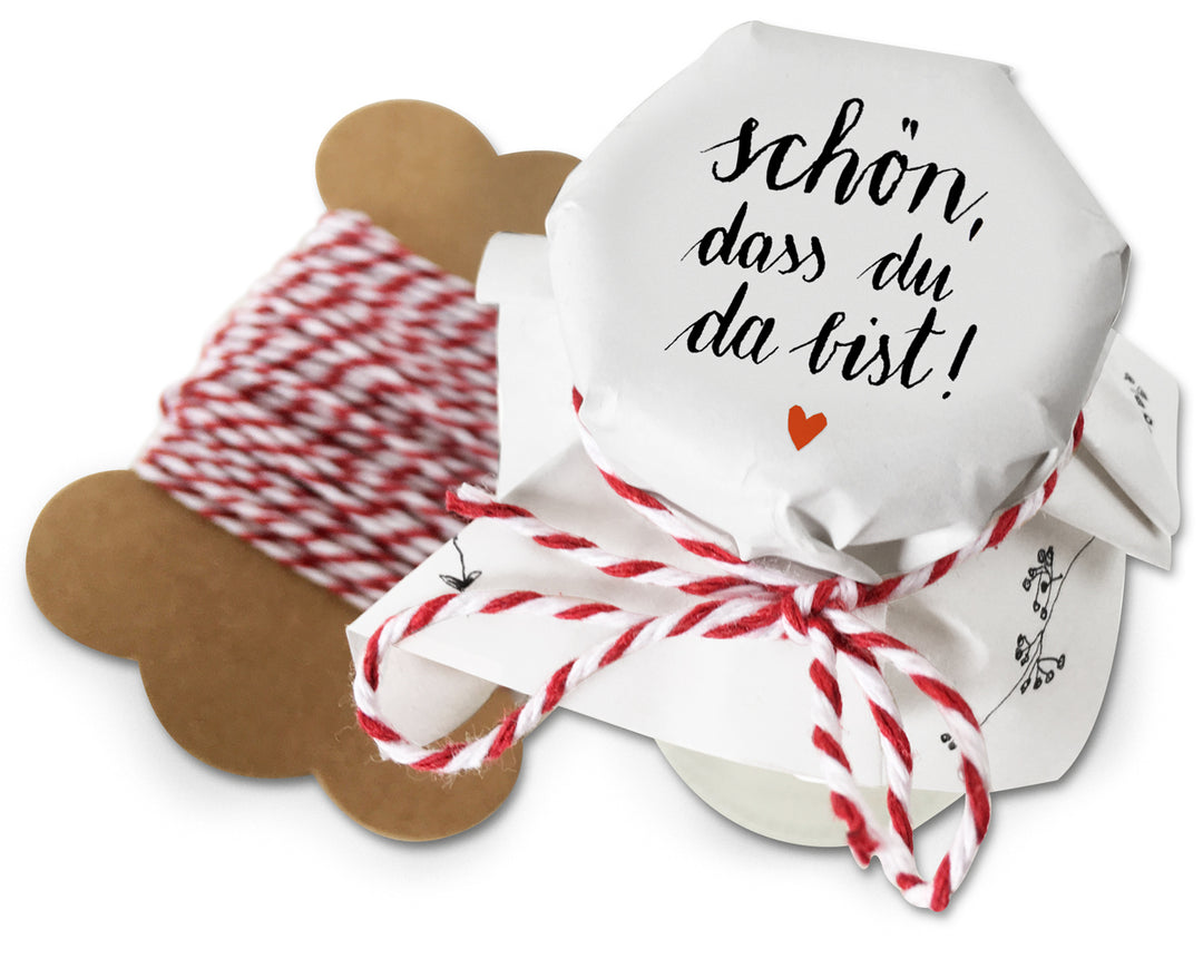 25 MINI Marmeladendeckchen schön, dass du da bist | Gläserdeckchen Weiß für Marmelade & kleine Einmachgläser | Recyclingpapier Abreißblock + 10 m Garn