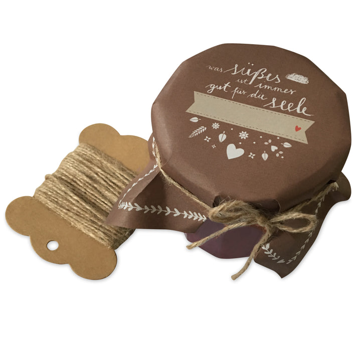 25 Marmeladendeckchen - Süßes für die Seele | Gläserdeckchen Braun Weiß für Marmelade & Einmachgläser | Recyclingpapier Abreißblock + 10 m Garn