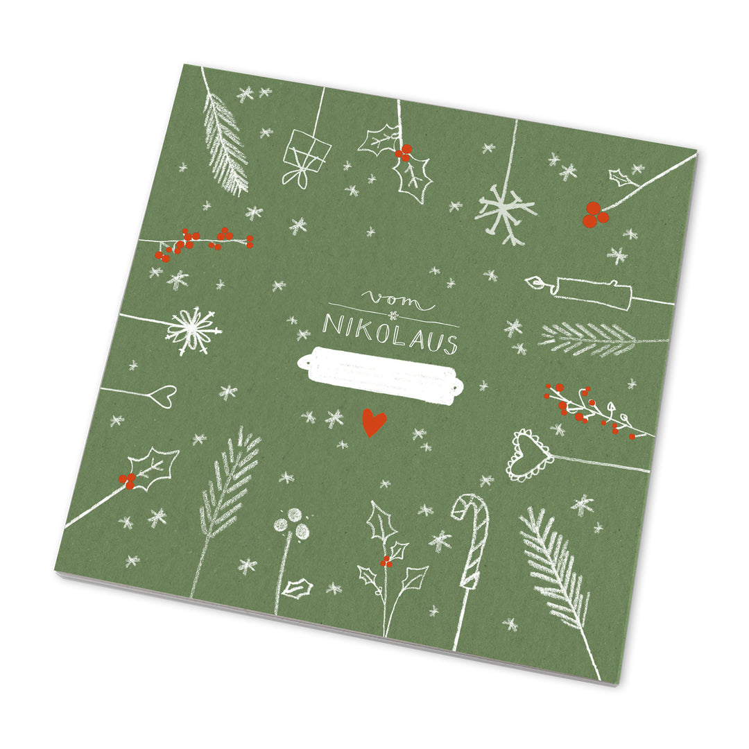 25 Marmeladendeckchen - vom Nikolaus | Abreißblock, Grün Rot | Recyclingpapier Gläserdeckchen für Marmelade + 10 m Bakers Twine & Justiergummi