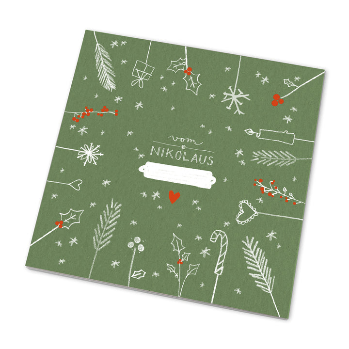 25 Marmeladendeckchen - vom Nikolaus | Abreißblock, Grün Rot | Recyclingpapier Gläserdeckchen für Marmelade + 10 m Bakers Twine & Justiergummi