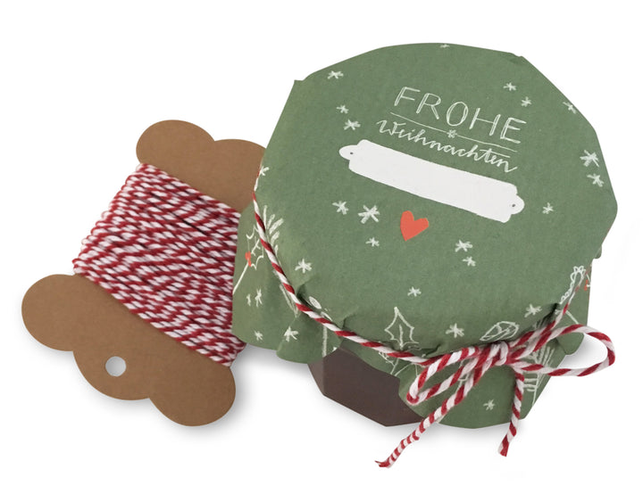 25 Marmeladendeckchen - Frohe Weihnachten! | Abreißblock, Grün Rot | Recyclingpapier Gläserdeckchen für Marmelade + 10 m Bakers Twine & Justiergummi