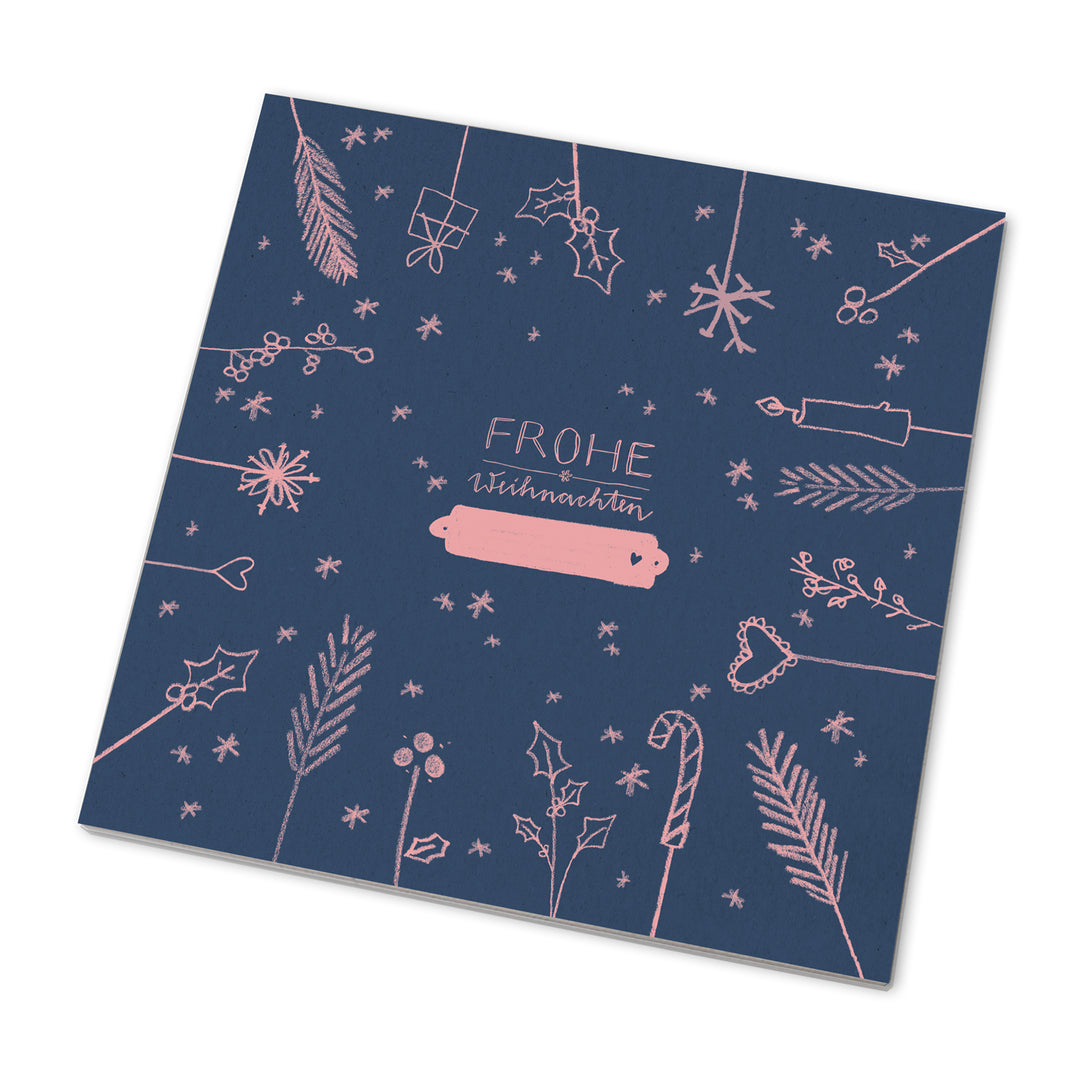 25 Marmeladendeckchen - Frohe Weihnachten! | Abreißblock, Blau Rosa | Recyclingpapier Gläserdeckchen für Marmelade + 10 m Bakers Twine & Justiergummi