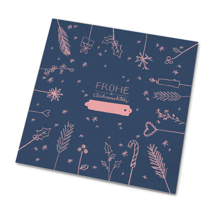 25 Marmeladendeckchen - Frohe Weihnachten! | Abreißblock, Blau Rosa | Recyclingpapier Gläserdeckchen für Marmelade + 10 m Bakers Twine & Justiergummi