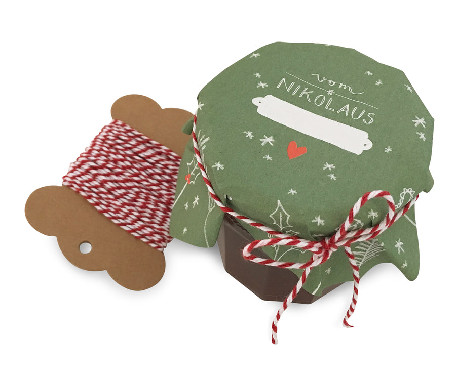 25 Marmeladendeckchen - vom Nikolaus | Abreißblock, Grün Rot | Recyclingpapier Gläserdeckchen für Marmelade + 10 m Bakers Twine & Justiergummi
