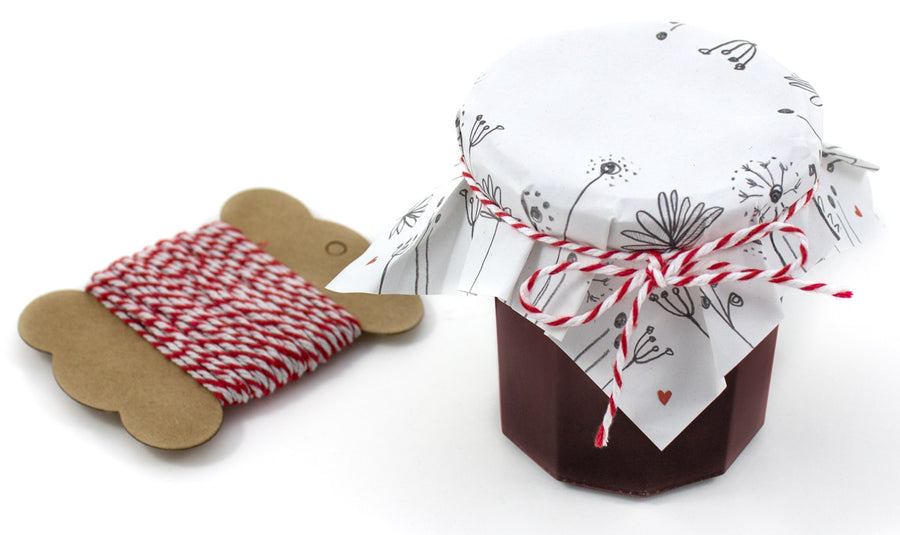 25 Marmeladendeckchen Weiß mit Blumen als Abreißblock, florale Gläserdeckchen zum selbst beschriften für Eingemachtes & selbstgemachte Marmelade, Recyclingpapier + 10m Bakers Twine & Justiergummi