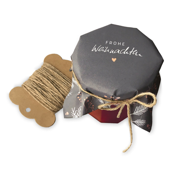 25 Marmeladendeckchen - Frohe Weihnachten! | Gläserdeckchen Grau mit Zweigen für Marmelade | Recyclingpapier Abreißblock, 10 m Jute Garn, Justiergummi - Kopie