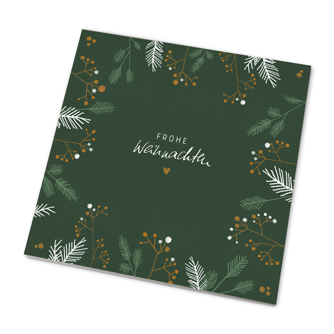 25 Marmeladendeckchen - Frohe Weihnachten! | Gläserdeckchen Grün mit Zweigen für Marmelade | Recyclingpapier Abreißblock, 10 m Jute Garn, Justiergummi