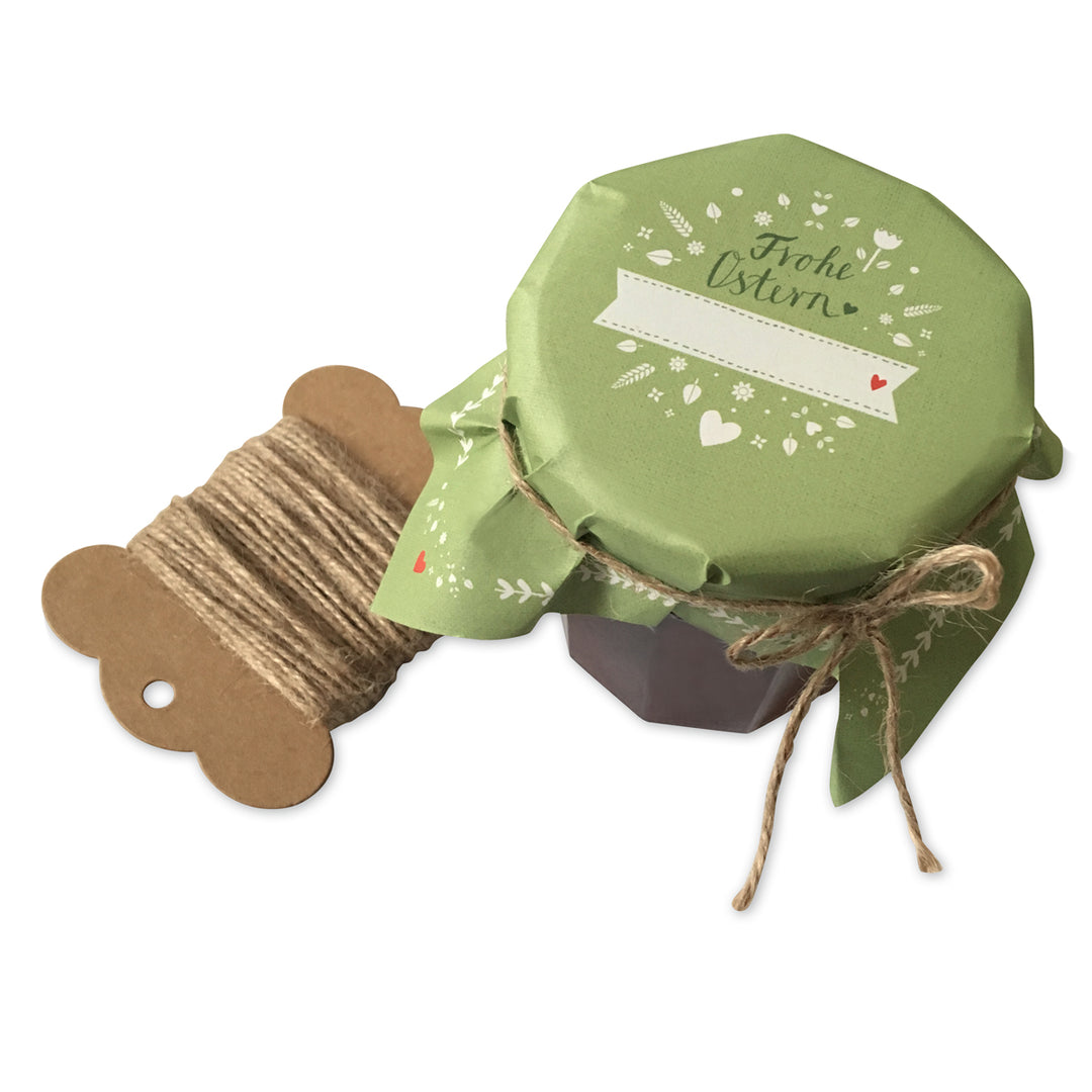 25 Marmeladendeckchen - Frohe Ostern | Gläserdeckchen GRÜN für Marmelade & Einmachgläser | Recyclingpapier Abreißblock + 10 m Garn + Justiergummi