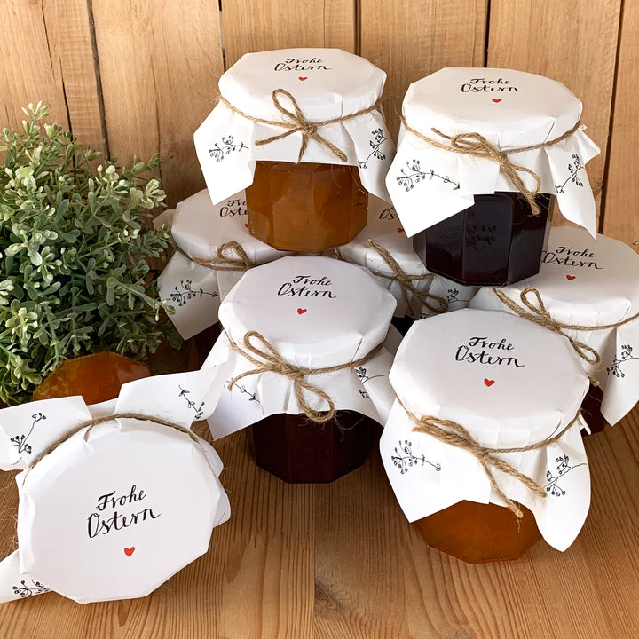 25 Marmeladendeckchen - Frohe Ostern | Gläserdeckchen Weiß für Marmelade & Einmachgläser | Recyclingpapier Abreißblock + 10 m Garn + Justiergummi