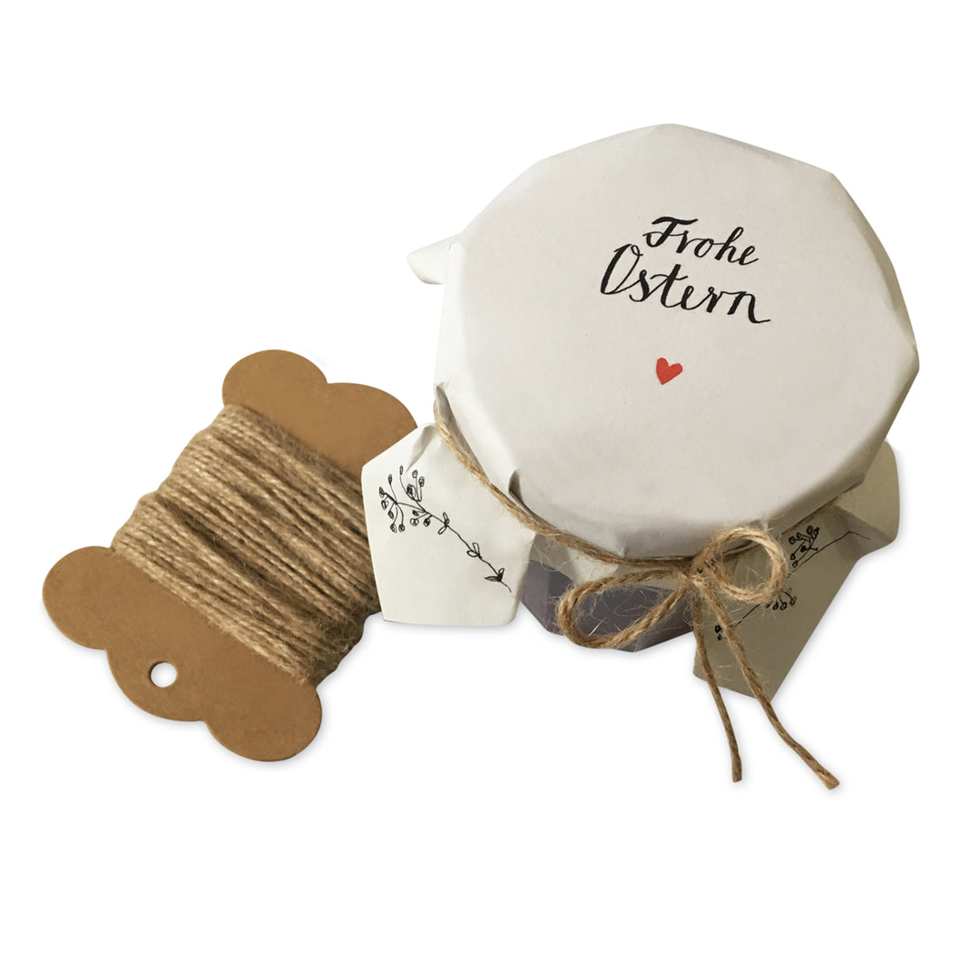 25 Marmeladendeckchen - Frohe Ostern | Gläserdeckchen Weiß für Marmelade & Einmachgläser | Recyclingpapier Abreißblock + 10 m Garn + Justiergummi