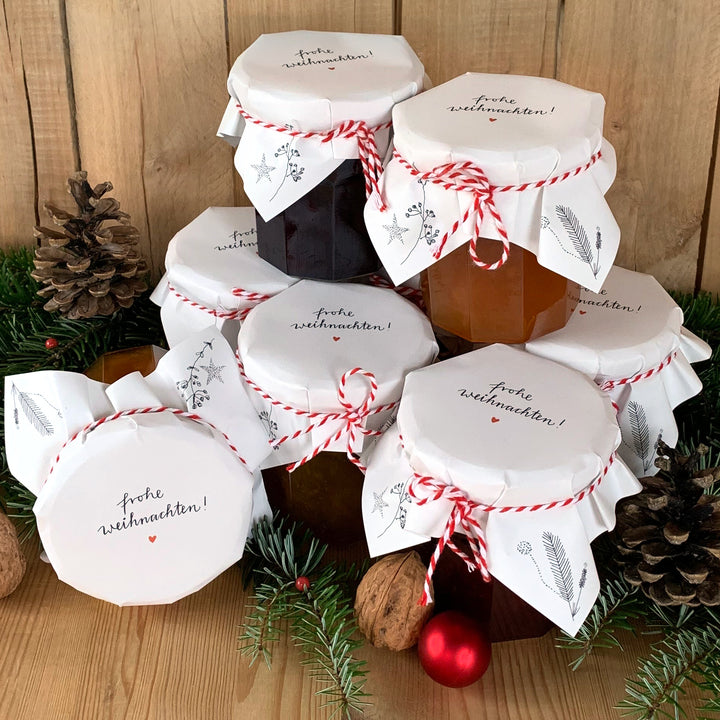 25 Marmeladendeckchen - Frohe Weihnachten! Abreißblock, Weiß, Kalligrafie, Gläserdeckchen Marmelade, Recyclingpapier + 10m Bakers Twine & Justiergummi