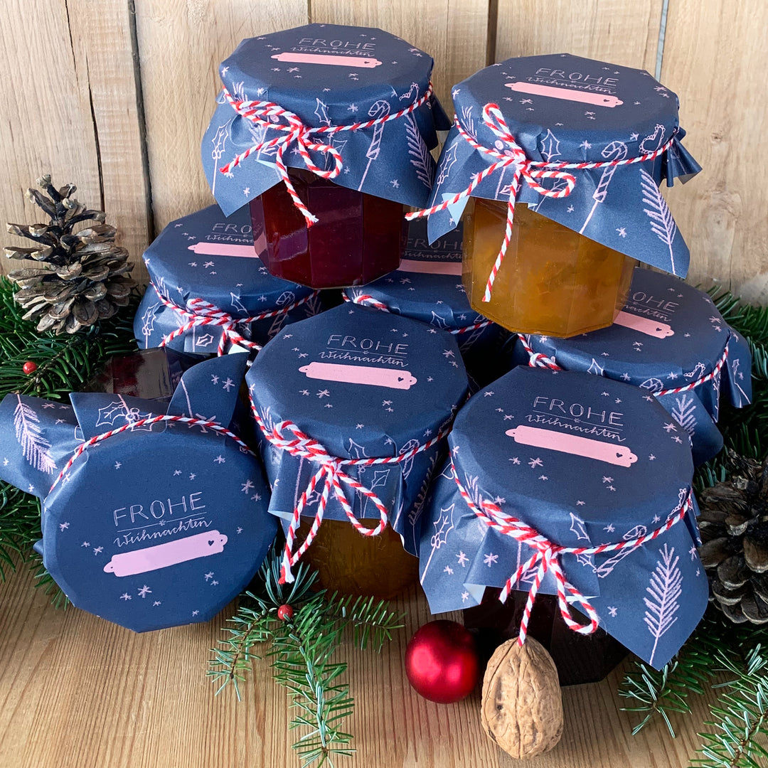 25 Marmeladendeckchen - Frohe Weihnachten! | Abreißblock, Blau Rosa | Recyclingpapier Gläserdeckchen für Marmelade + 10 m Bakers Twine & Justiergummi