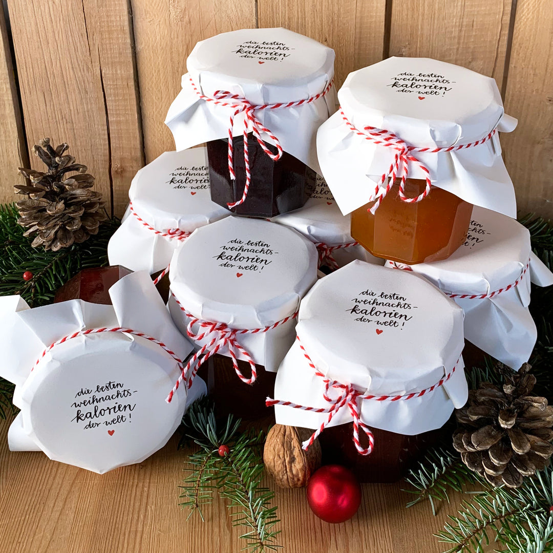 25 Marmeladendeckchen - Weihnachtskalorien - Abreißblock Weiß, Kalligrafie, Gläserdeckchen Marmelade, Recyclingpapier + 10m Bakers Twine, Justiergummi