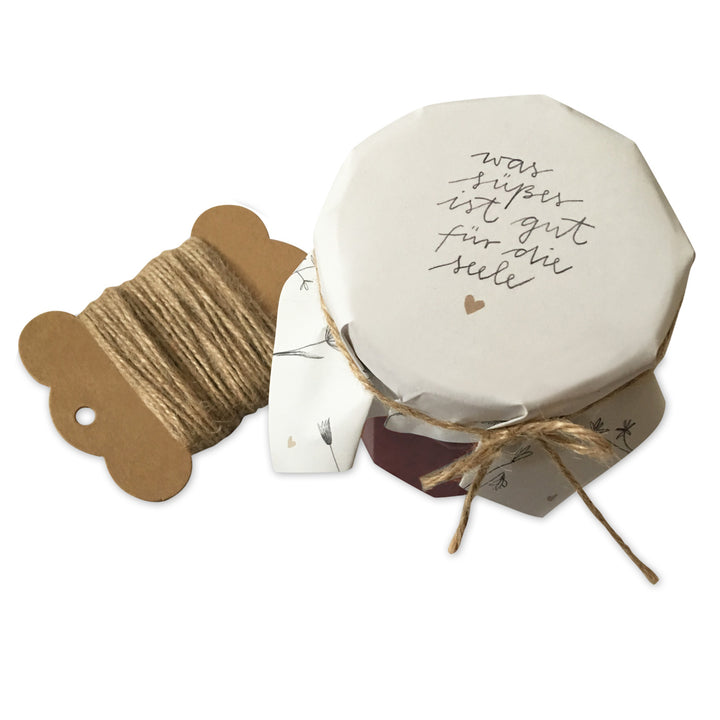 25 Marmeladendeckchen - Süßes für die Seele | Blumen Gläserdeckchen Weiß für Marmelade & Einmachgläser | Recyclingpapier Abreißblock + 10 m Jute Garn