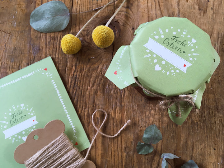 25 Marmeladendeckchen - Frohe Ostern | Gläserdeckchen GRÜN für Marmelade & Einmachgläser | Recyclingpapier Abreißblock + 10 m Garn + Justiergummi