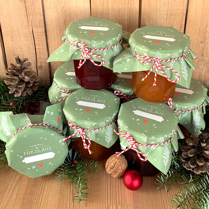 25 Marmeladendeckchen - vom Nikolaus | Abreißblock, Grün Rot | Recyclingpapier Gläserdeckchen für Marmelade + 10 m Bakers Twine & Justiergummi