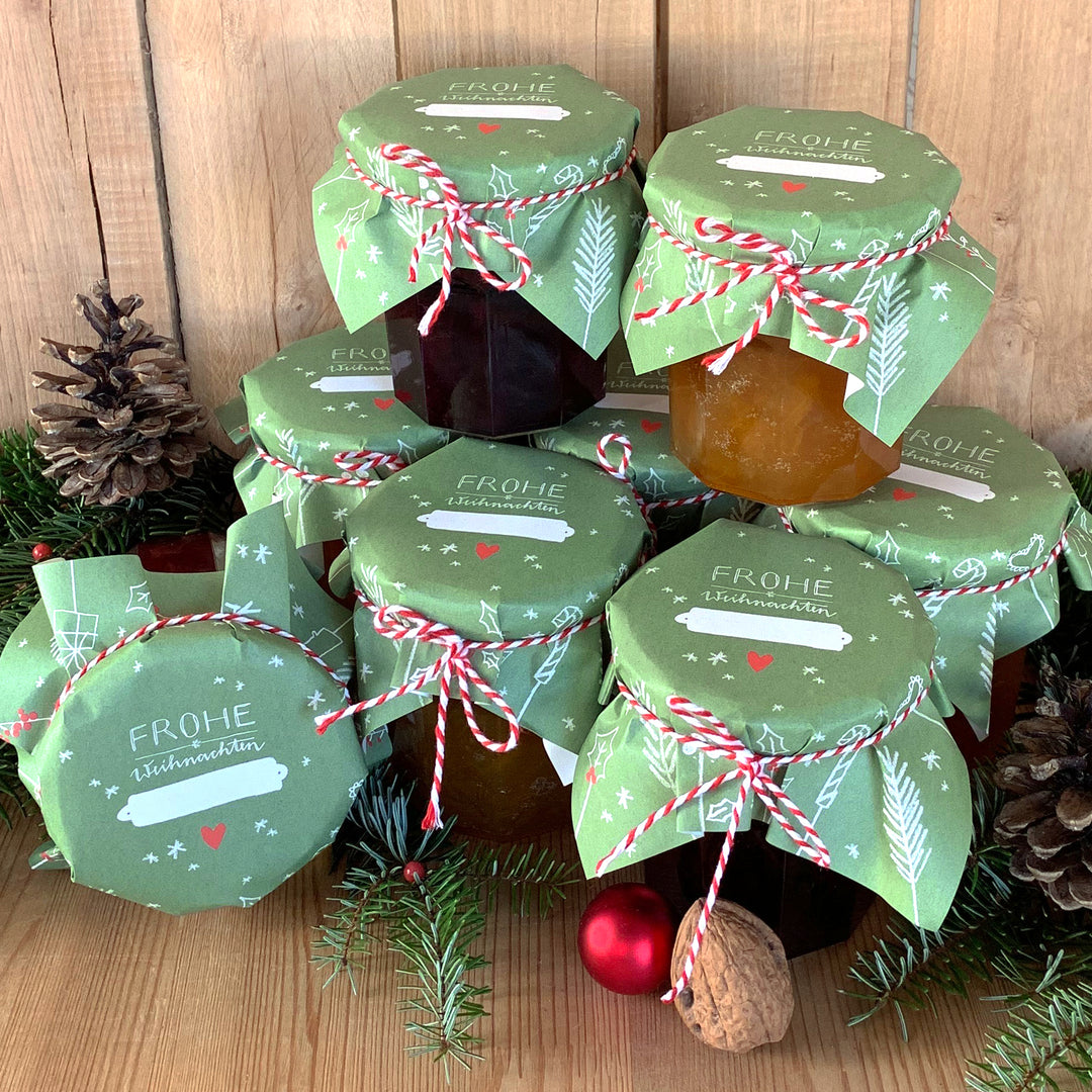 25 Marmeladendeckchen - Frohe Weihnachten! | Abreißblock, Grün Rot | Recyclingpapier Gläserdeckchen für Marmelade + 10 m Bakers Twine & Justiergummi