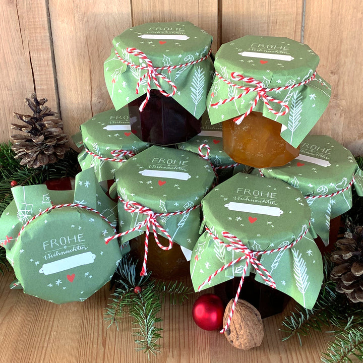 25 Marmeladendeckchen - Frohe Weihnachten! | Abreißblock, Grün Rot | Recyclingpapier Gläserdeckchen für Marmelade + 10 m Bakers Twine & Justiergummi