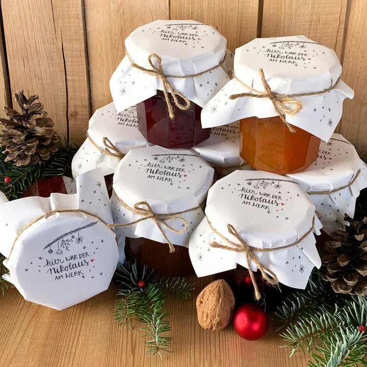 25 Marmeladendeckchen für Nikolaus | Gläserdeckchen Weiß für Marmelade & Einmachgläser | Recyclingpapier Abreißblock + 10 m Garn + Justiergummi