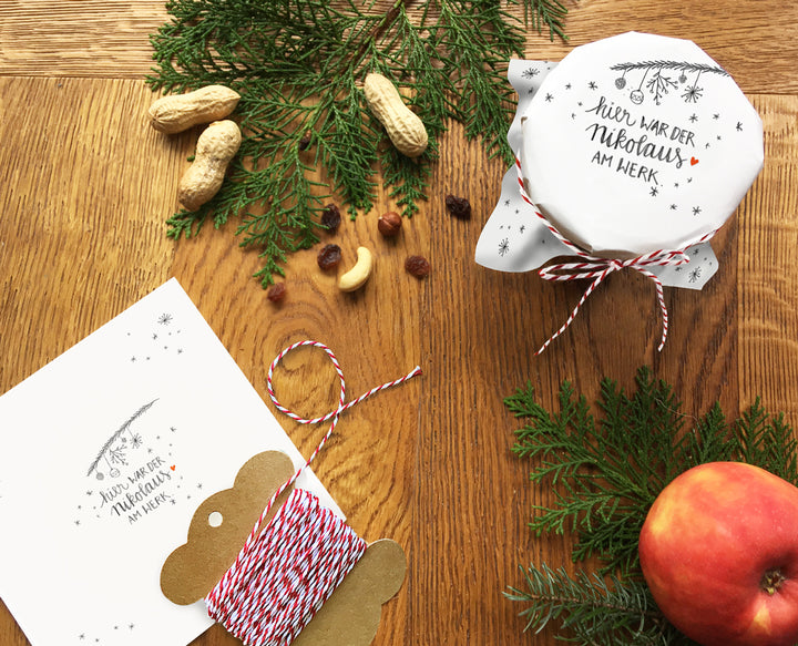 25 Marmeladendeckchen für Nikolaus | Gläserdeckchen Weiß für Marmelade & Einmachgläser | Recyclingpapier Abreißblock + 10 m Garn + Justiergummi