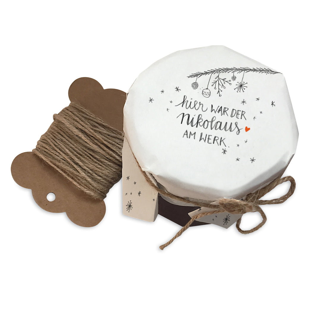 25 Marmeladendeckchen für Nikolaus | Gläserdeckchen Weiß für Marmelade & Einmachgläser | Recyclingpapier Abreißblock + 10 m Garn + Justiergummi