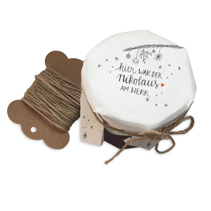 25 Marmeladendeckchen für Nikolaus | Gläserdeckchen Weiß für Marmelade & Einmachgläser | Recyclingpapier Abreißblock + 10 m Garn + Justiergummi