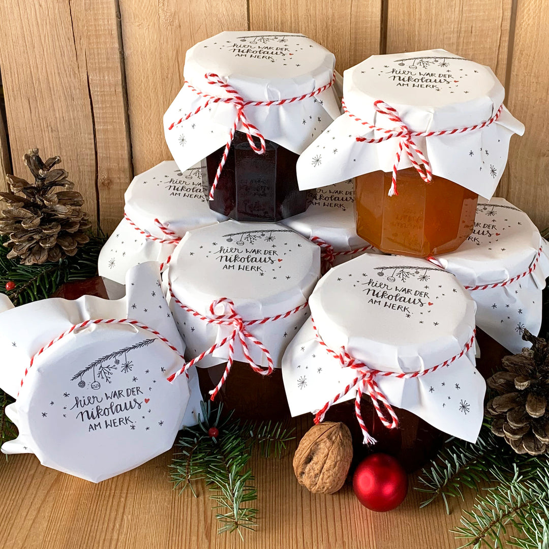 25 Marmeladendeckchen für Nikolaus | Gläserdeckchen Weiß für Marmelade & Einmachgläser | Recyclingpapier Abreißblock + 10 m Garn + Justiergummi