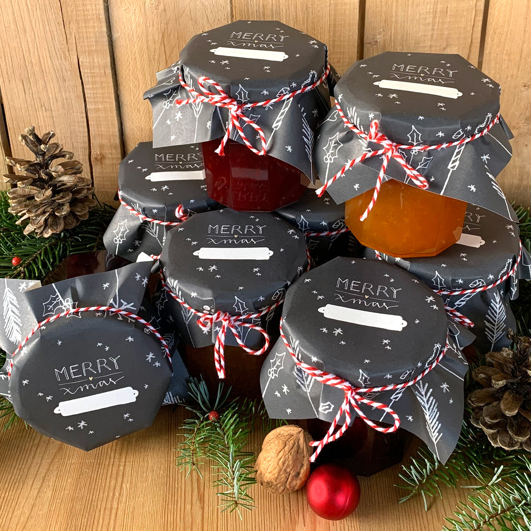 25 Marmeladendeckchen - merry xmas | Abreißblock, Schwarz Weiß Beige | Recyclingpapier Gläserdeckchen für Marmelade + 10 m Bakers Twine & Justiergummi