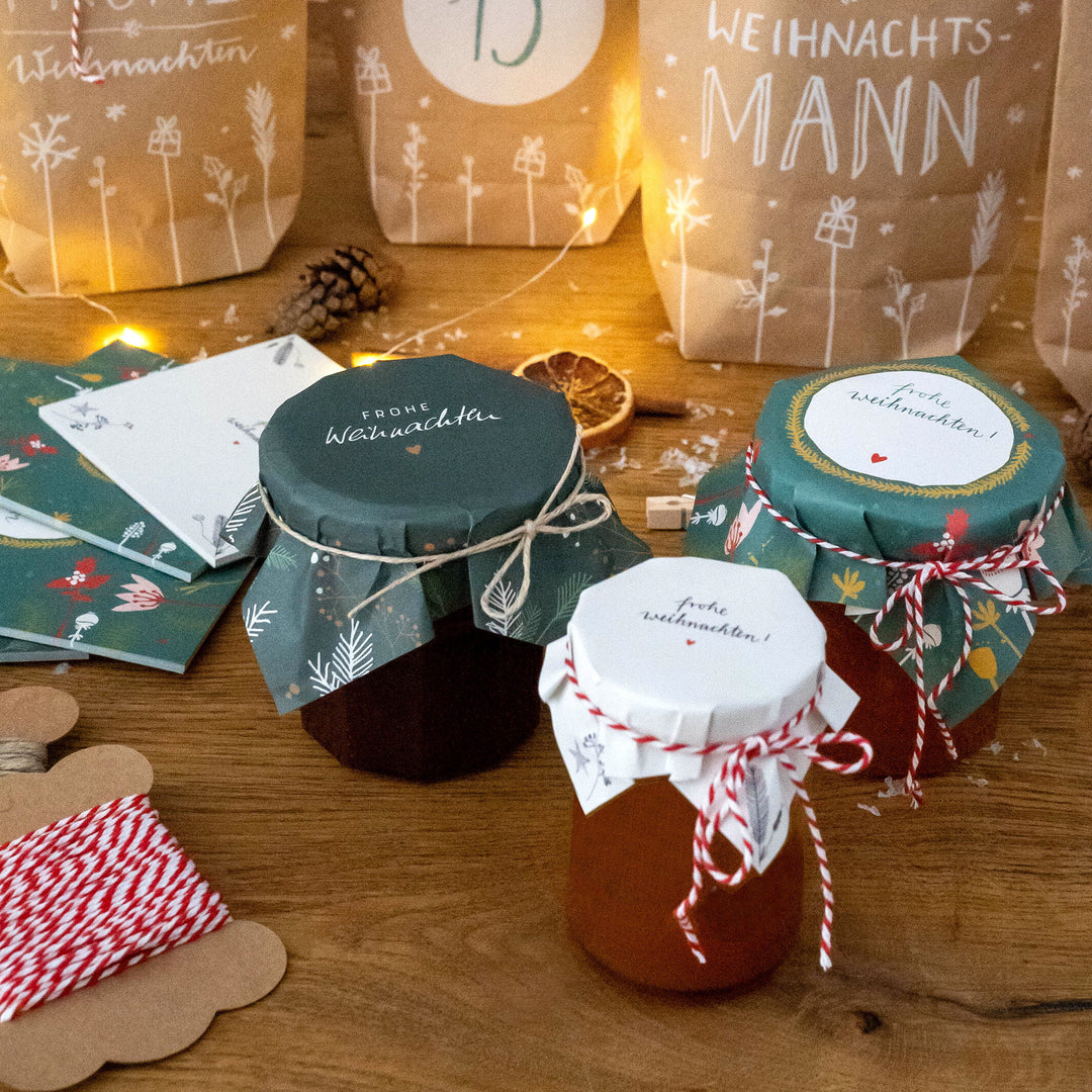 25 Marmeladendeckchen schön, dass du da bist | Gläserdeckchen Weiß für Marmelade & Einmachgläser | Recyclingpapier Abreißblock, 10 m Garn, Justiergummi