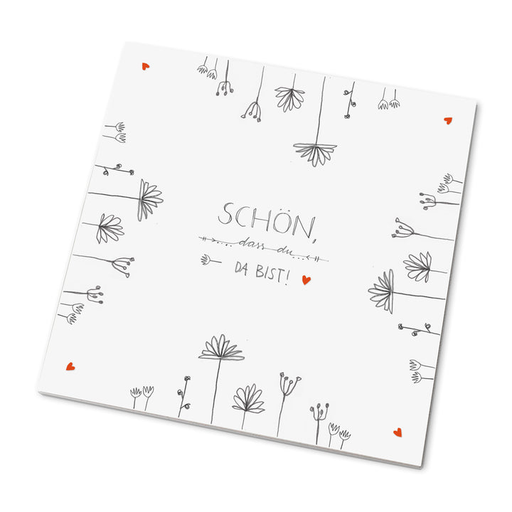 25 Marmeladendeckchen schön, dass du da bist | Gläserdeckchen Weiß für Marmelade & Einmachgläser | Recyclingpapier Abreißblock, 10 m Garn, Justiergummi