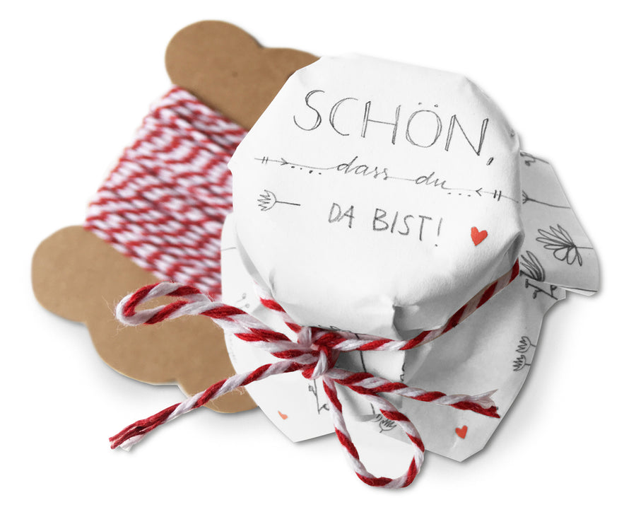 25 MINI Marmeladendeckchen schön, dass du da bist | Gläserdeckchen Weiß für Marmelade & kleine Einmachgläser | Recyclingpapier Abreißblock + 10 m Garn