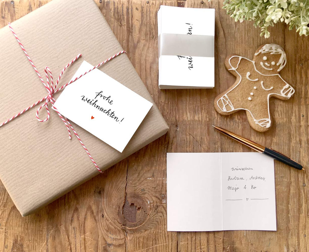 25 Geschenkanhänger frohe Weihnachten! WEISS | originelle mini Weihnachtskarten zum Weihnachtsgeschenke Beschriften | A7 Recyclingpapier Klappkarten