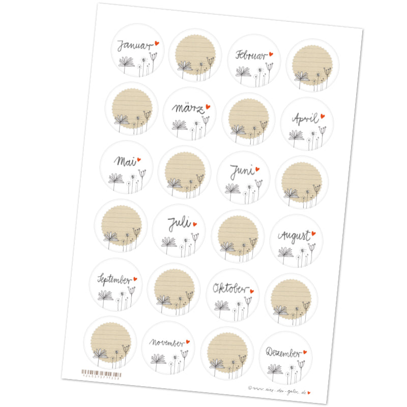 Monatsaufkleber für Erwachsene | 12 runde Monatssticker & 12 Freitext Etiketten | Weiß Beige, Handlettering Design | für Hochzeit & Reise Countdown