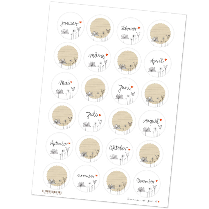 Monatsaufkleber für Erwachsene | 12 runde Monatssticker & 12 Freitext Etiketten | Weiß Beige, Handlettering Design | für Hochzeit & Reise Countdown