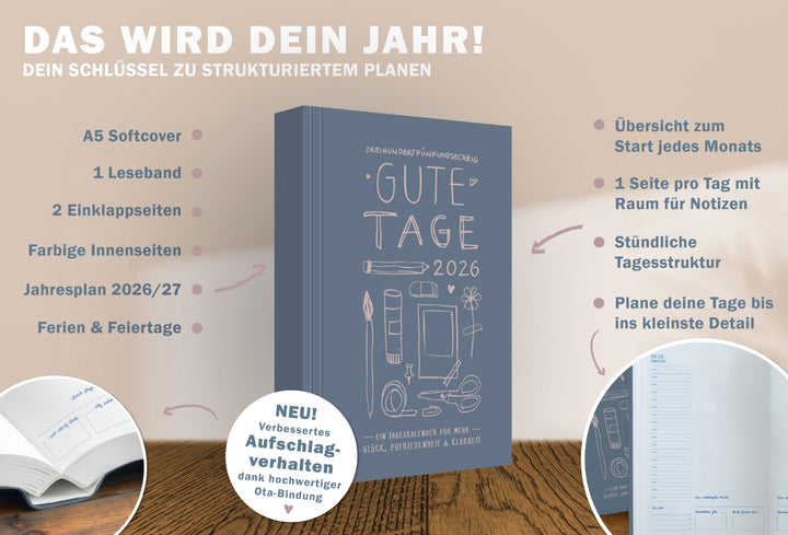 Details A5 Terminkalender 2026, blau weiß rosa