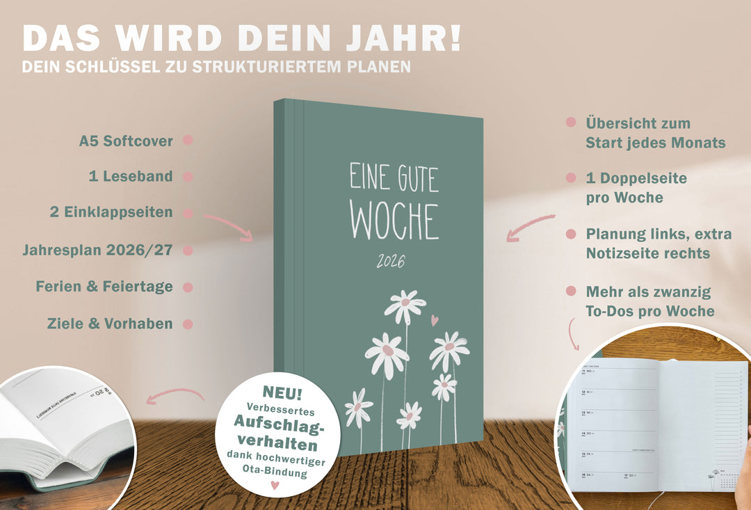 Detailansicht Wochenübersicht A5 Terminkalender 2023, hellgrün rosa weiß