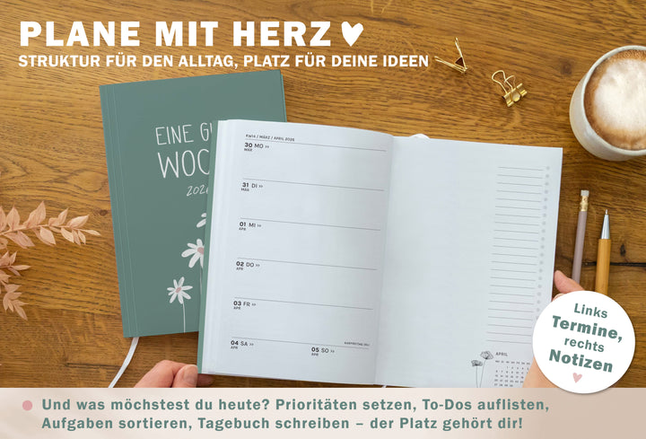 Detailansicht Jahresübersicht A5 Terminkalender 2026, salbei grün rosa weiß