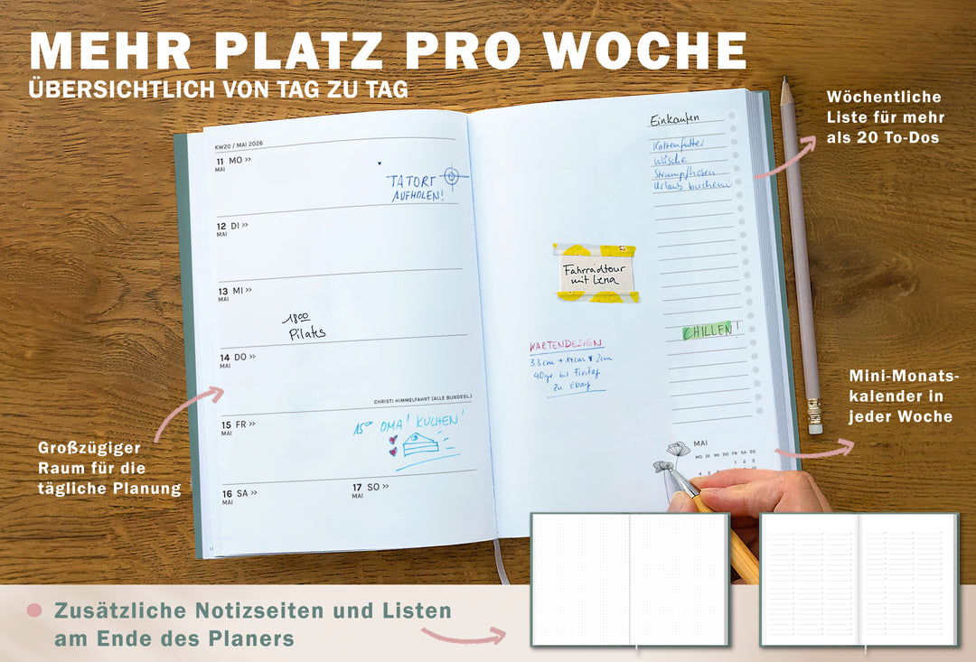 Detailansicht Wochenübersicht A5 Terminkalender 2026, mint grün rosa weiß