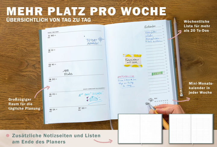 Detailansicht Wochenübersicht A5 Terminkalender 2026, mint grün rosa weiß