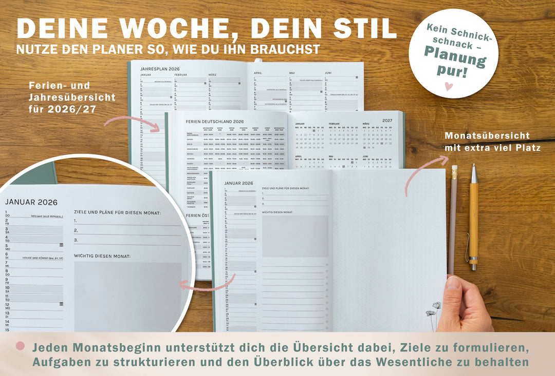 Detailansicht Jahresübersicht Schulferien A5 Terminkalender 2026, salbei grün rosa weiß