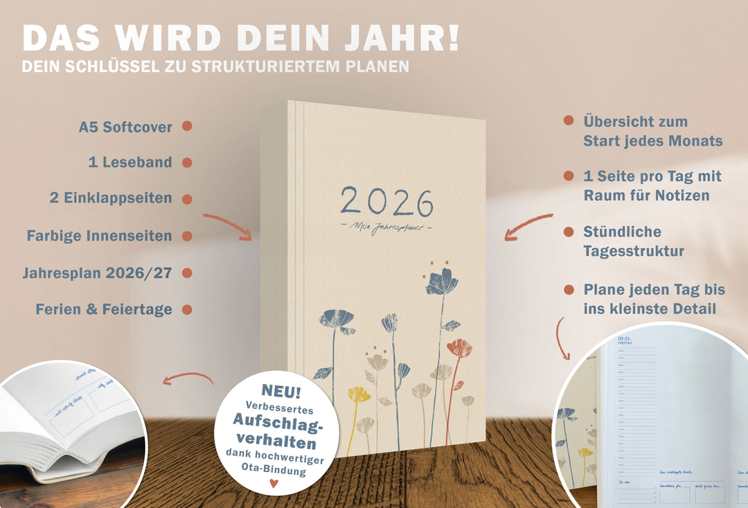 Detailansicht Monatsübersicht A5 Terminkalender 2026, creme blau rot weiß