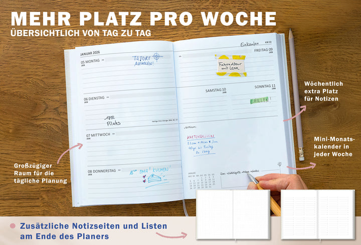 Detailansicht Wochenübersicht A5 Terminkalender 2026, weiß mint peach