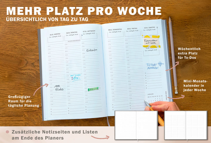 Detailansicht Wochenübersicht A5 Terminkalender 2026, grau beige weiß mit Blumen