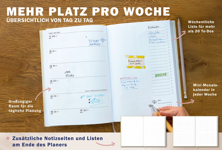 Detailansicht Wochenübersicht A5 Terminkalender 2026, hellgelb rosa blau